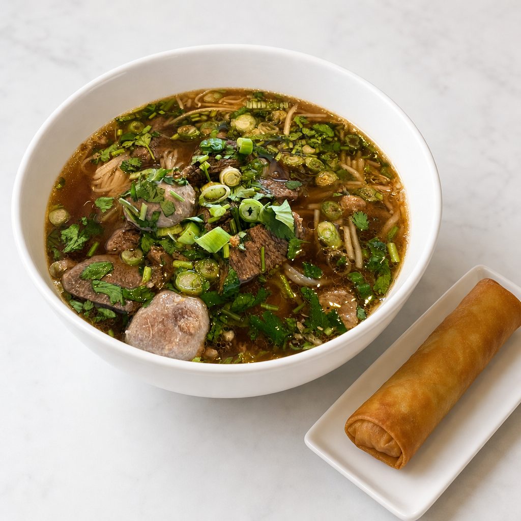 Thai Noodle Soup served with 1 Crispy Veg Roll.