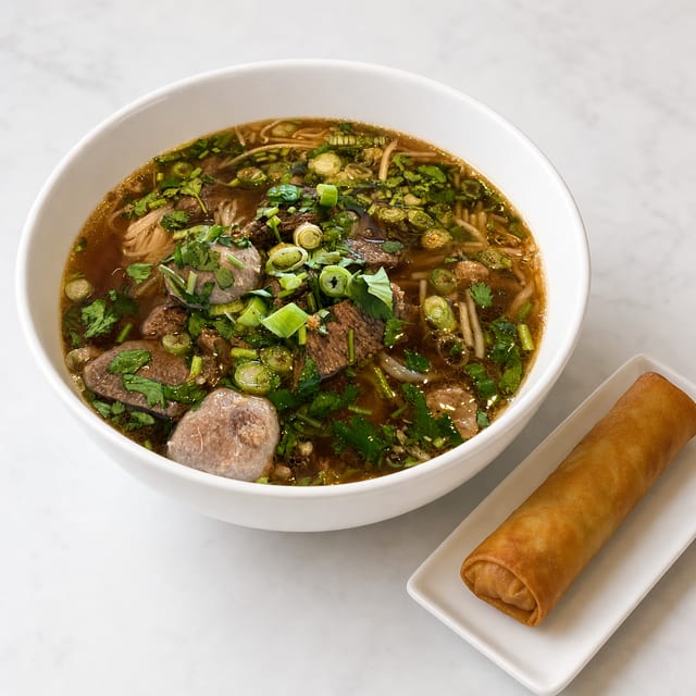 Thai Noodle Soup served with 1 Crispy Veg Roll.