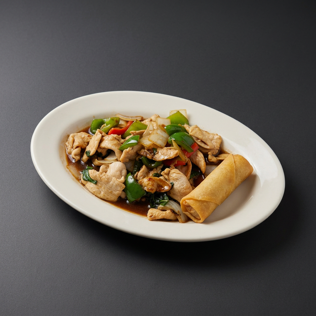 Thai Basil served with 1 Crispy Veg Roll.